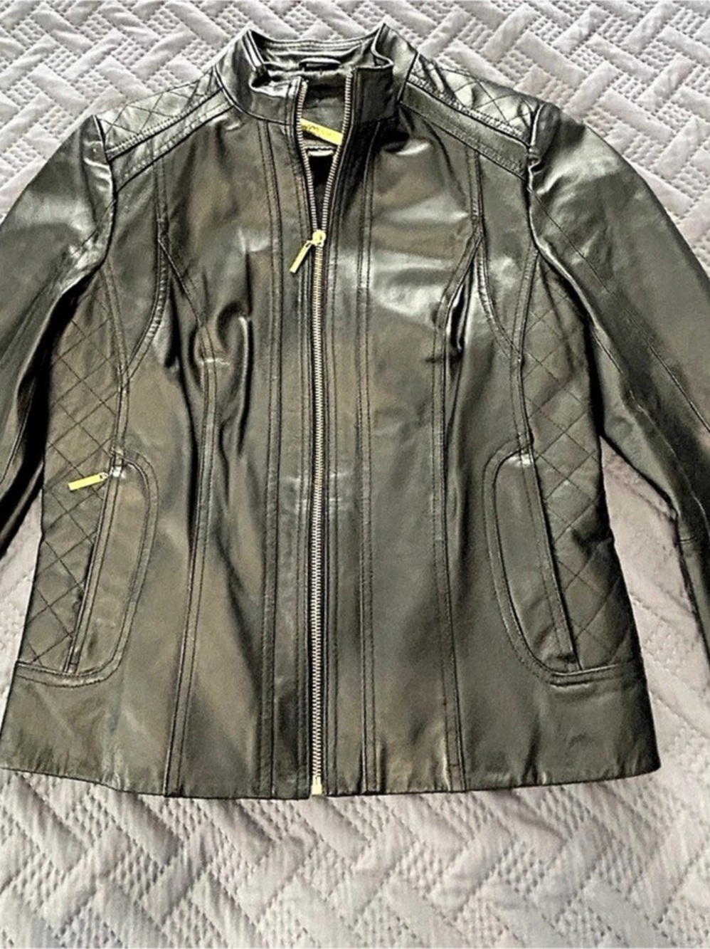 IMAN Global Chic Quilted Genuine Leather Moto Jacket Leather Moto Jacket Black